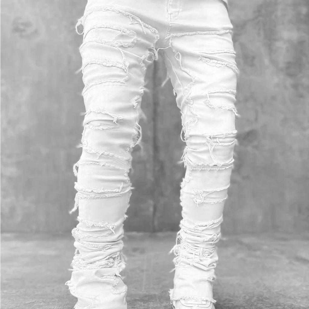New Men's Denim Straight Leg Jeans Street Fashion Ins Colorful Stretch Patch Denim Straight Leg Jeans