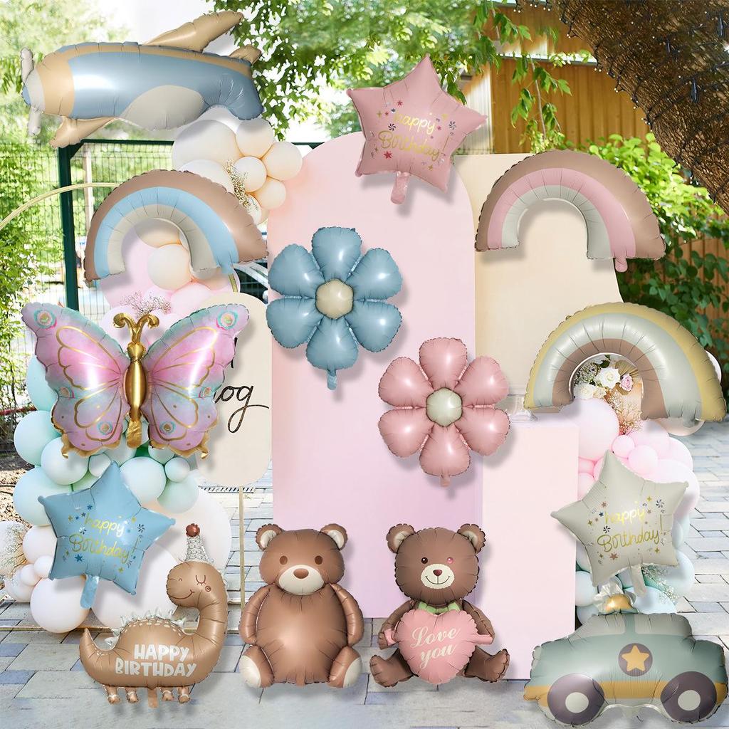 Cute Matte Frosted Teddy Bear & Rainbow Aluminum Balloons for Kids' First Birthday Decorations
