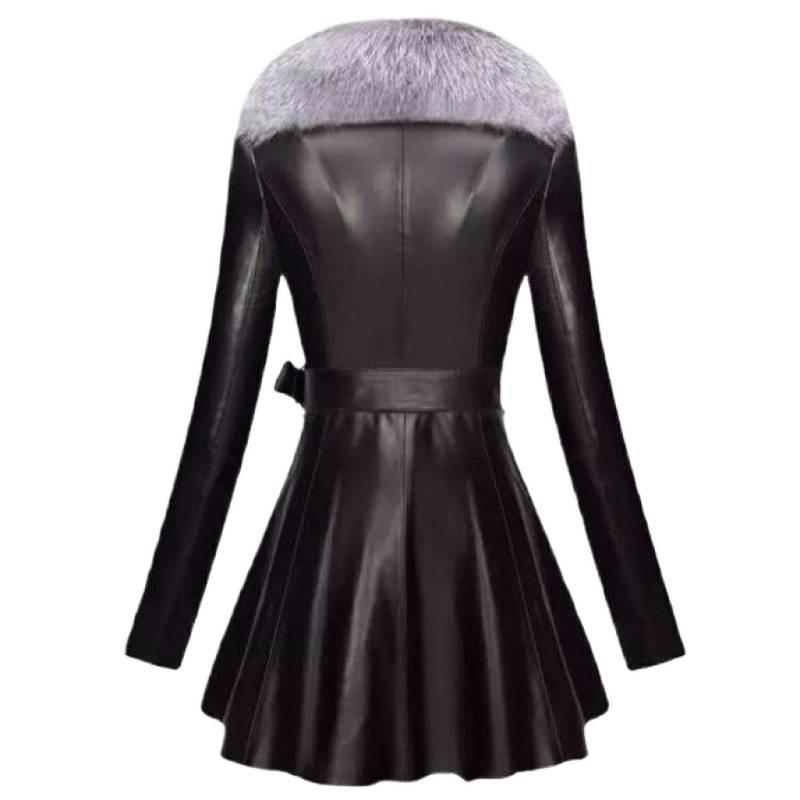 Leather Jacket Women's Clothing Long Cotton Jacket Slim and Thin Leather Imitation Fox Fur Collar Autumn and Winter