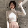 Women's Autumn Winter High Neck Slim-Fit Knit Base Layer Top In Apricot and White One Size