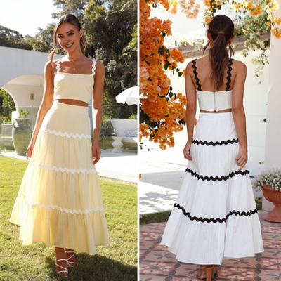 Женский летний наряд из 2 шт./компл., топы на бретелях с высокой талией и рюшами, комплект макси-юбки, комплект в полоску, уличная одежда