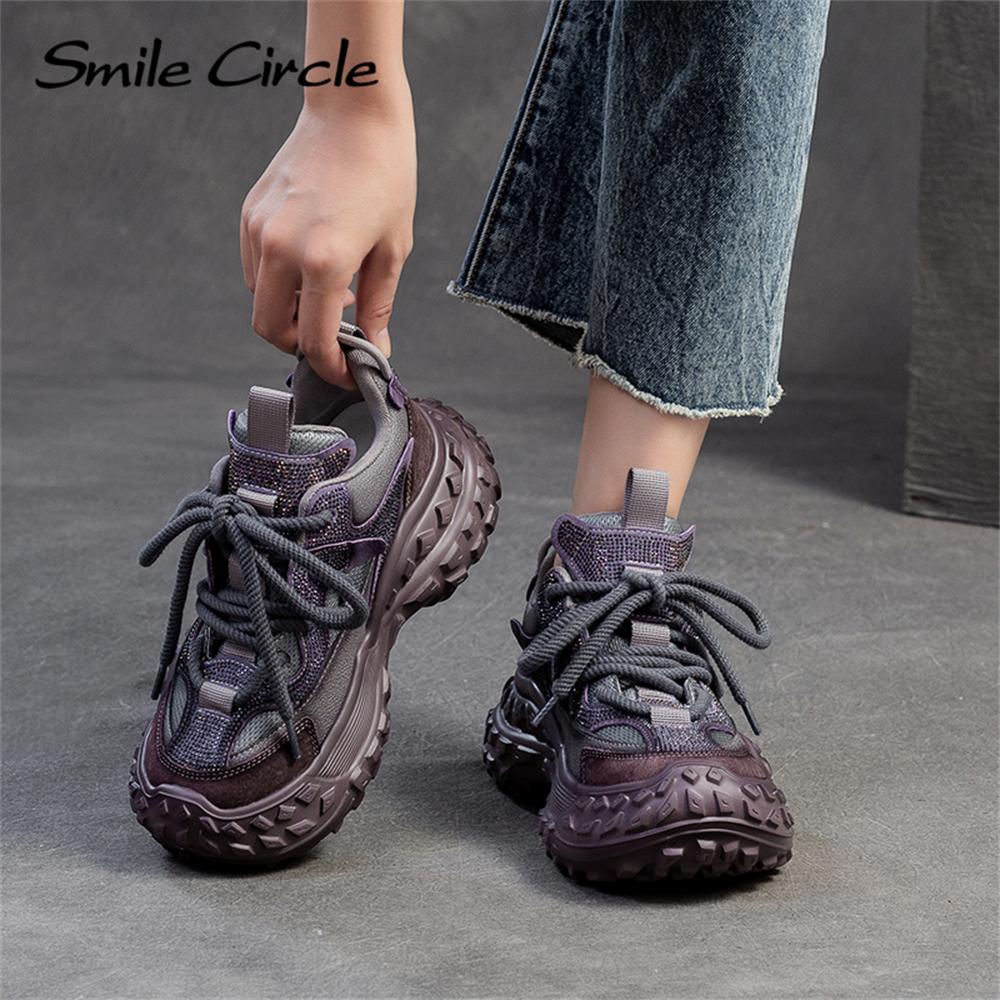 Женские кроссовки из натуральной кожи с круглым носком и толстой подошвой, удобная модная повседневная обувь