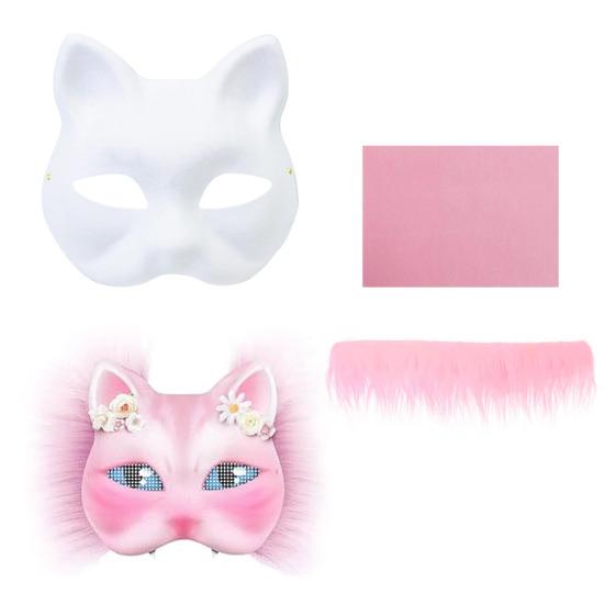 Cat Masque DIY Set White Paper Cat Masque with Eye Mesh Faux Fur Unfinished Cat Masque for Kids Adults DIY Painting