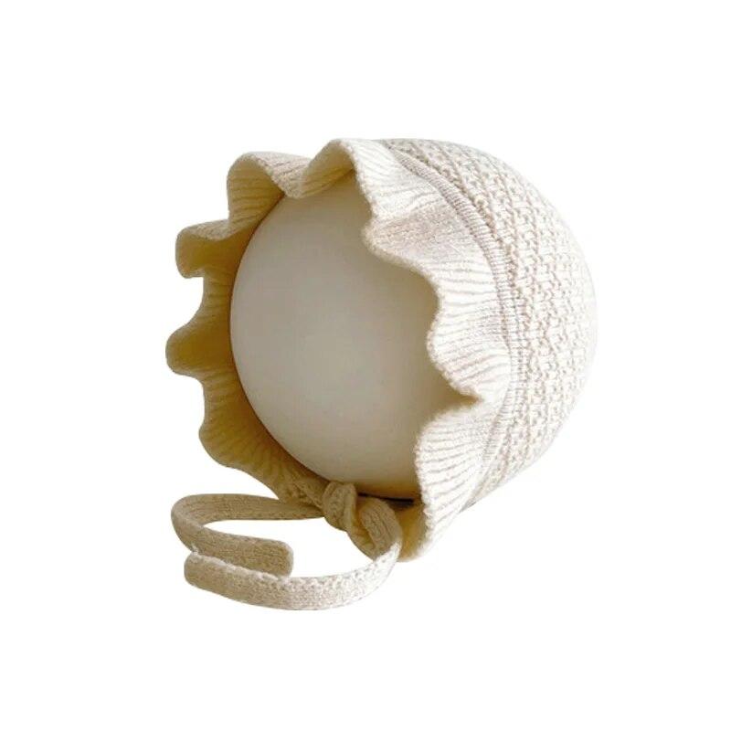 Baby Knitted Hat with Rope Retro Flower Beanie Cap for Girls Handmade Weave Infant Bonnet Winter Earflaps Caps Kids Accessories