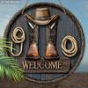 Western Cowboy Style Wooden Sign with Hat Boots Pattern - Round Sign for Front Door, Wall Decor - Ideal Decorative Hanging Plaque Party Decoration