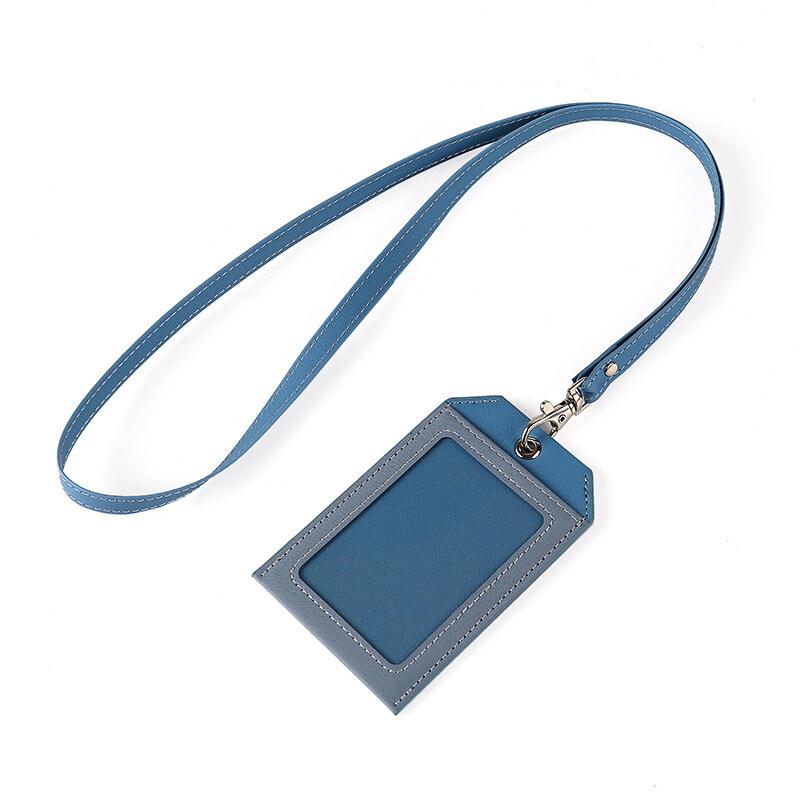 2 Card Slot Employee Work ID Card Set Hanging Rope PU Leather Bus Meal Card Chest Badge
