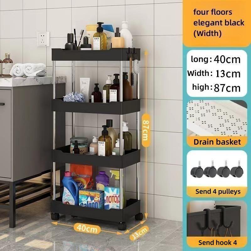 Narrow Seam Shelf Multi-Layer Movable Storage Rack with Pulley Organizer Office Bathroom Kitchen Storage Shelf