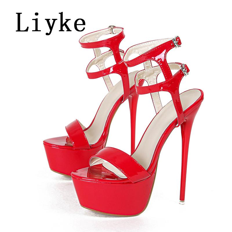 Fashion Liyke Sexy Red High Heels Platform Sandals For Women Fashion Double Buckle Strap Open Toe Wedding Banquet Shoes Big Size 45 46