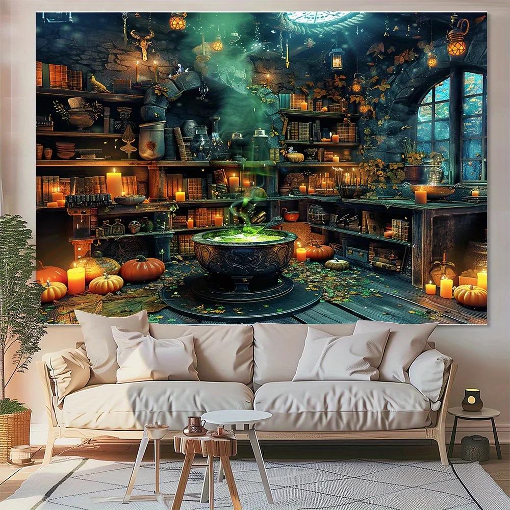 Halloween Horror Background - Witches and Magic Boiler Bookshelf Scene, Party Supplies