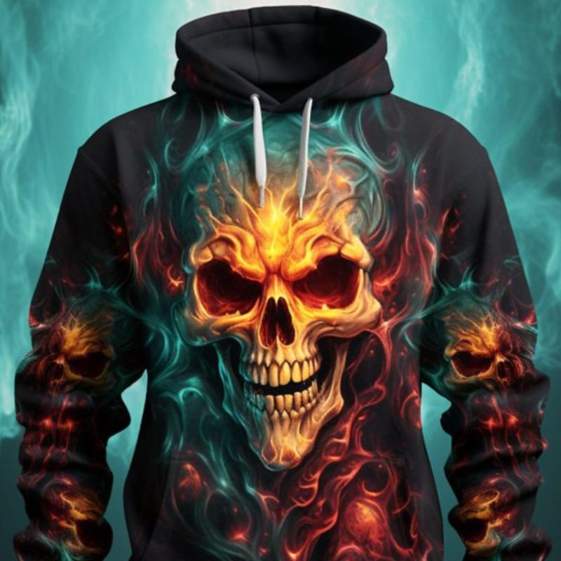 Мужская модная толстовка с 3D принтом и графическим пламенным черепом, толстовки с капюшоном и принтом спереди и длинными рукавами, весенне-осенняя толстовка с капюшоном