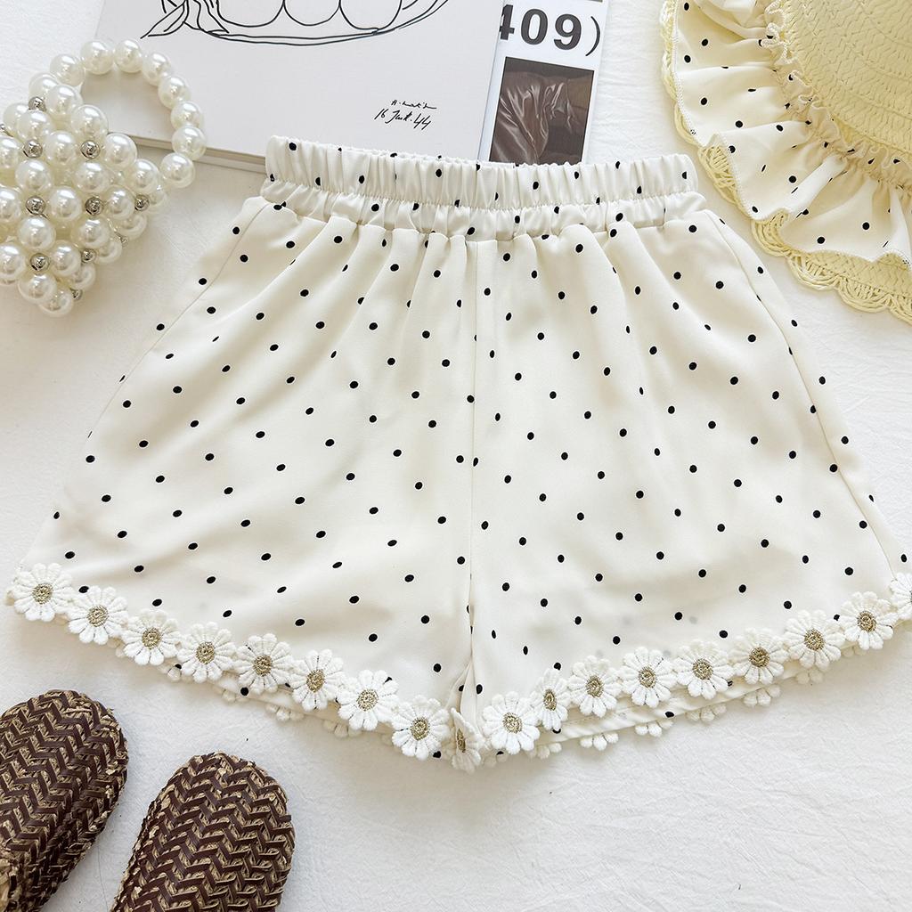 Girls Summer Lace Polka Dot Sleeveless Shirt And Ruffled Shorts Princess Two Piece Outfit Set For Kids