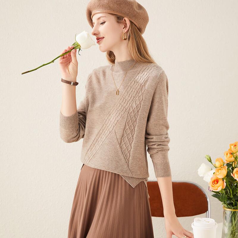 TUHUANG Women's Pure Wool Cable Knit Half-Turtleneck Sweater