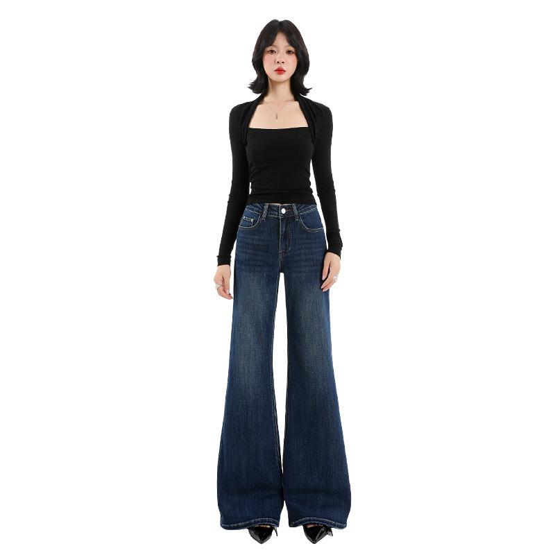 Spring and Autumn retro washed blue jeans women's fashion micro-speaker mopping wide-leg pants retro blue