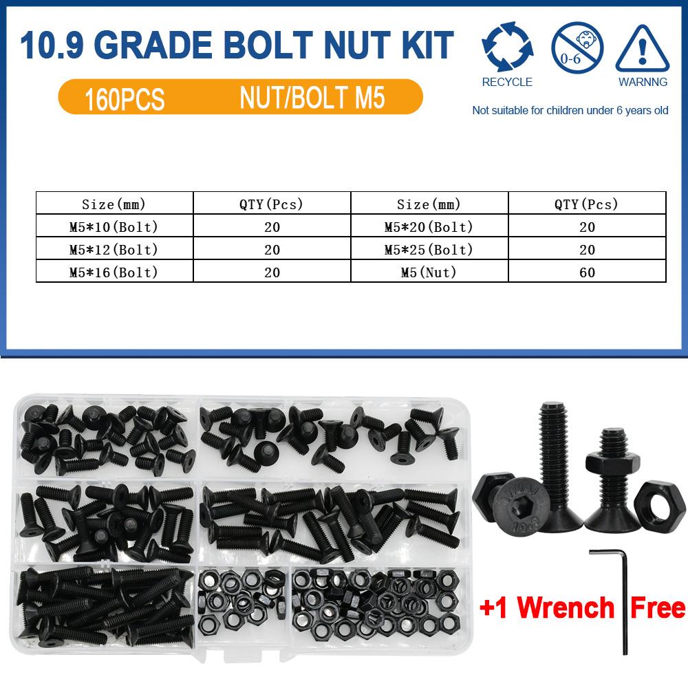 Grade 10.9 Carbon Steel Black Countersunk Flat Head Hex Bolt Nut Kit Electric Machine Screws Hexagon Allen Bolts M2 M3 M4 M5 M6