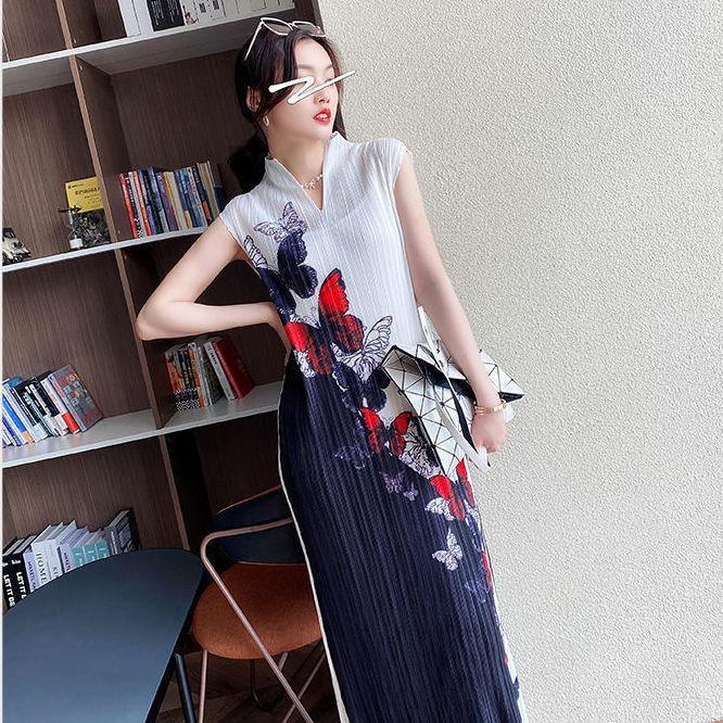 Складное модное элегантное дизайнерское платье с полувысоким V-образным вырезом и принтом, женское платье 2022 года, летняя новая элитная зарубежная длинная юбка высокого класса