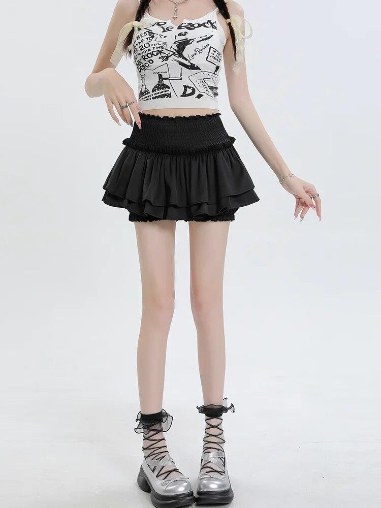 Kawaii мини-юбка, шорты, женские милые сексуальные балетки, белая эластичная высокая талия, лоскутная юбка с рюшами в стиле Лолиты, корейская юбка