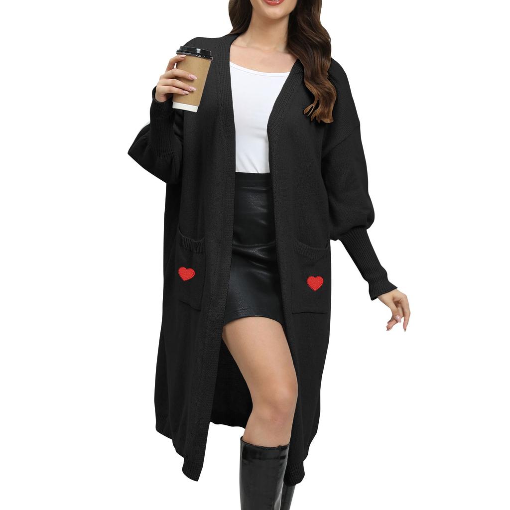 Women's Casual Fashion Comfortable Loose Lazy  Love Patch Knitted Sweater Double Pocket Sweater Cardigan