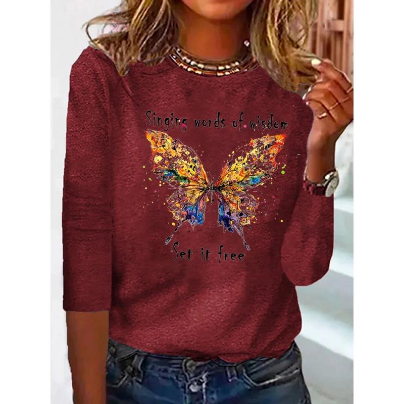Summer Butterfly Floral Stripe Printed Round Neck Long Sleeve Loose T-Shirts Women’s