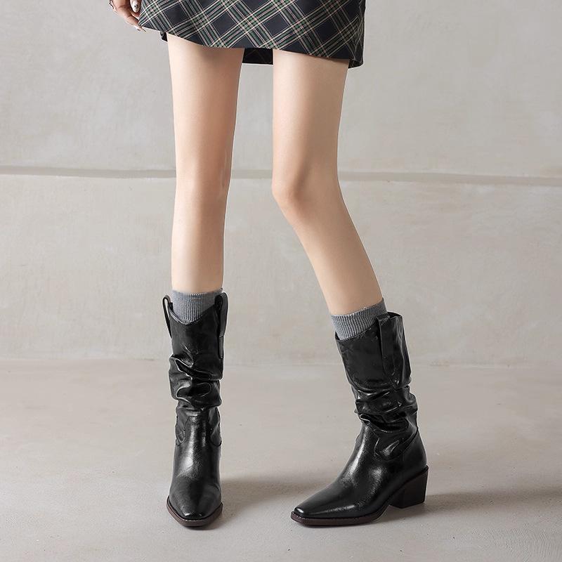 Короткие ботинки из кожи в стиле Майяр женские осенне-зимние ботинки ботинки на наборном каблуке ботинки средней высоты рыцарские ботинки толстый каблук ковбойские ботинки в западном стиле