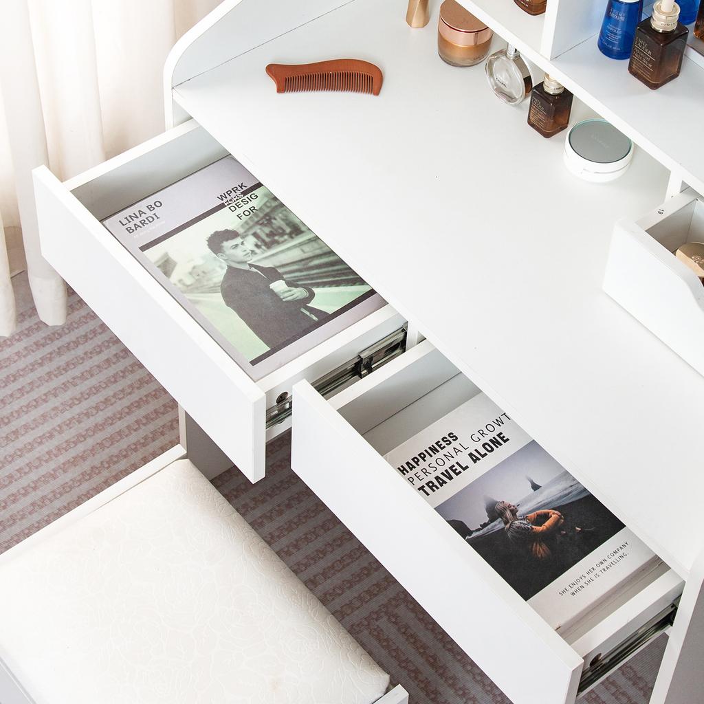 Tocador Maquillaje con Espejo y Taburete 80x135cm Nyana Home | MDF Blanco