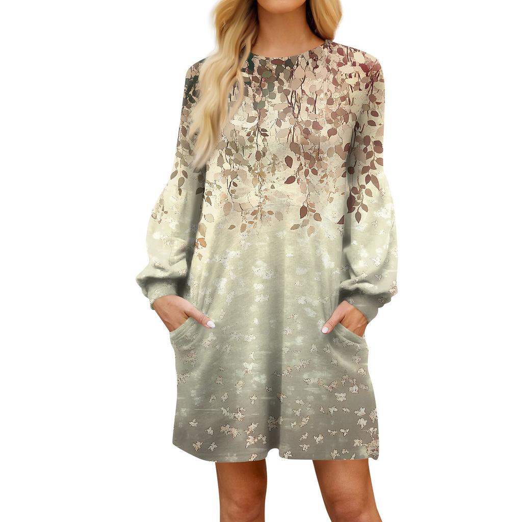 Модное женское платье трапециевидной формы с длинным рукавом. Осенний повседневный пуловер с круглым вырезом. Свободное платье с карманами.