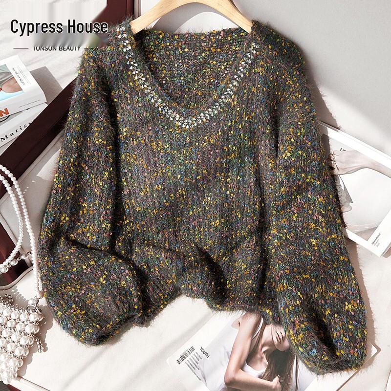 Sibaishe Women's V-Neck Loose Knit Pullover Sweater