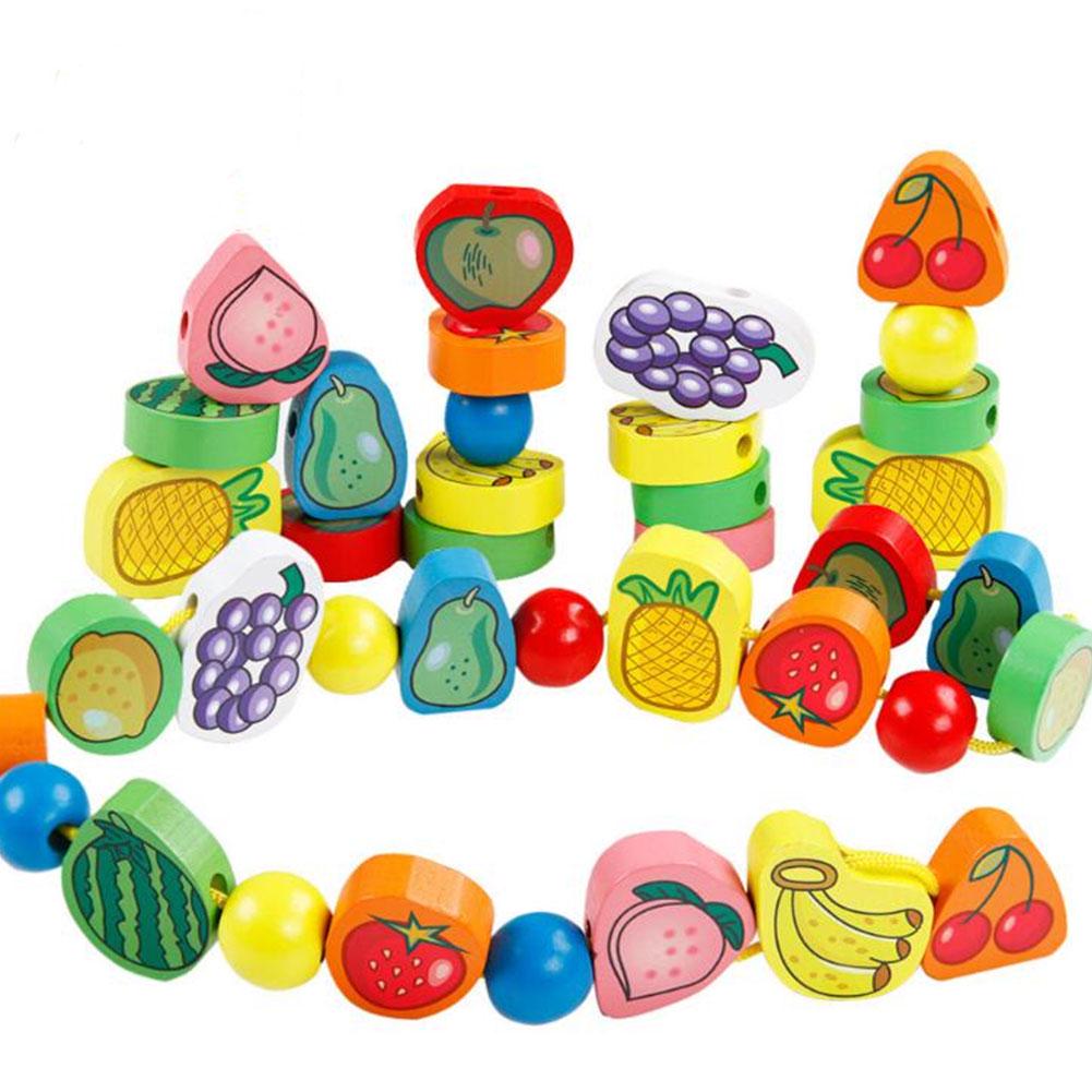 Wooden Fruit Shape Beads Blocks with Rope Puzzle Toy for Kids Boys Girls