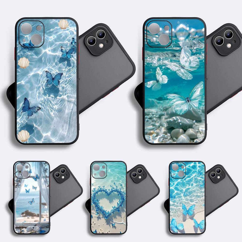 Blue Butterfly Ocean Waves Shockproof Matte Phone Case For IPhone 16 15 14 13 12 11 Pro Max X XR XS MAX Mini