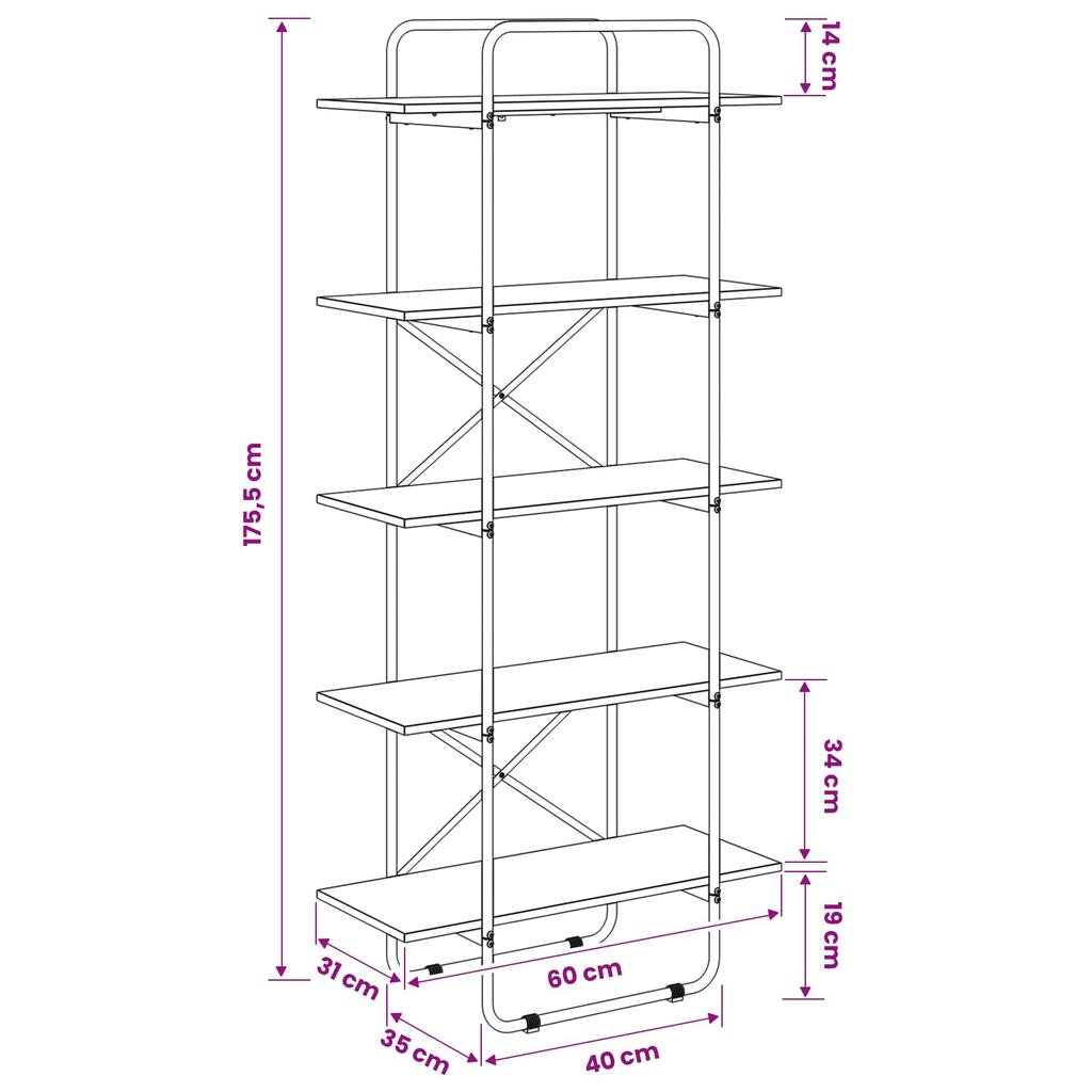 Bookshelf 5 Tiers 60 x 35 x 175.5 cm PB Smoked Oak