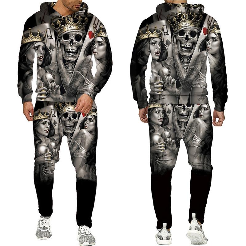 Mens Tracksuit Autumn And Winter Hoodie +Pants Two Piece Set Cool 3D Skull Print Mens Fashion Hoodies Sweatshirts Suits