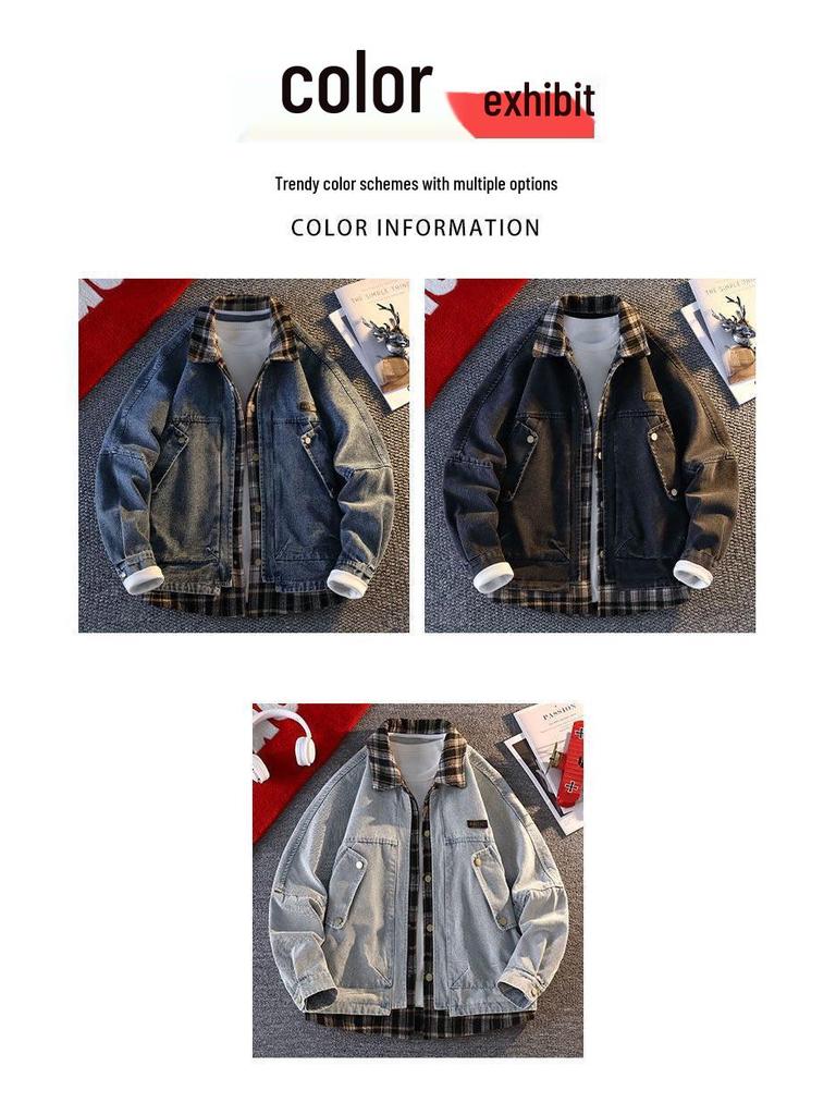 Модная мужская джинсовая куртка с клетчатыми вставками 2025 - Имитация двубортной куртки с отложным воротником для весны и осени
