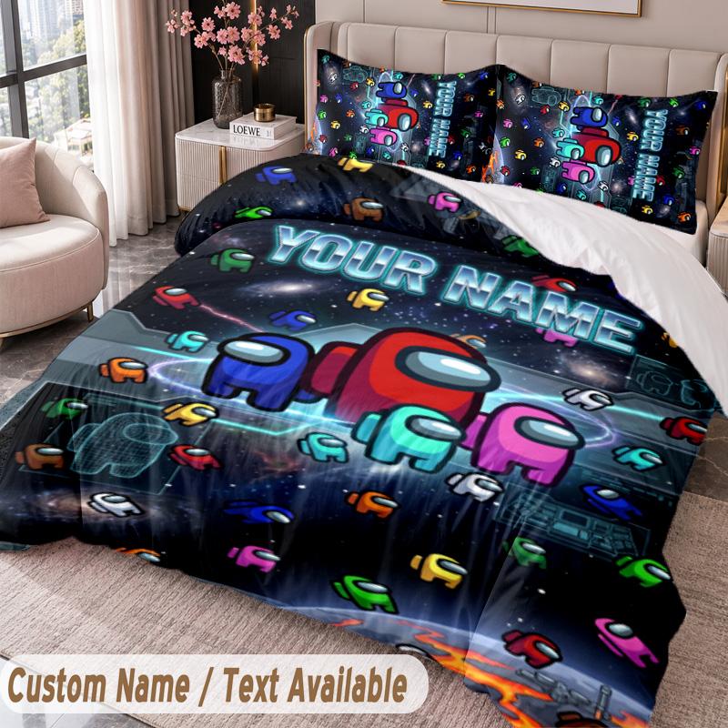 Custom Name Text 3Pcs Bedding Set Among Us Duvet Cover And Two Pillowcases