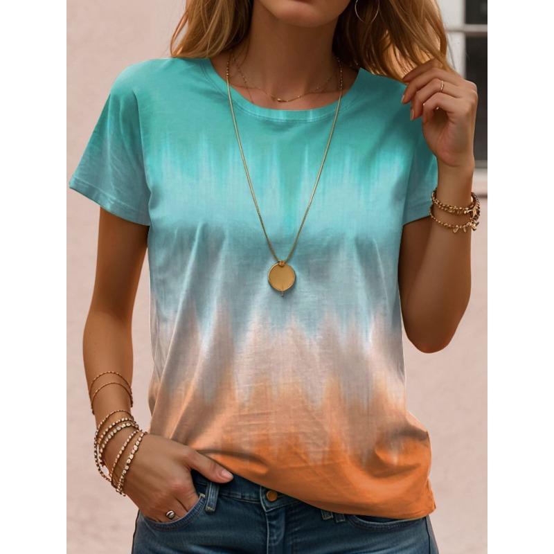 Summer Round Neck 3D Gradient Print T-shirts Fashionable Casual Short Sleeved Women's T-shirts
