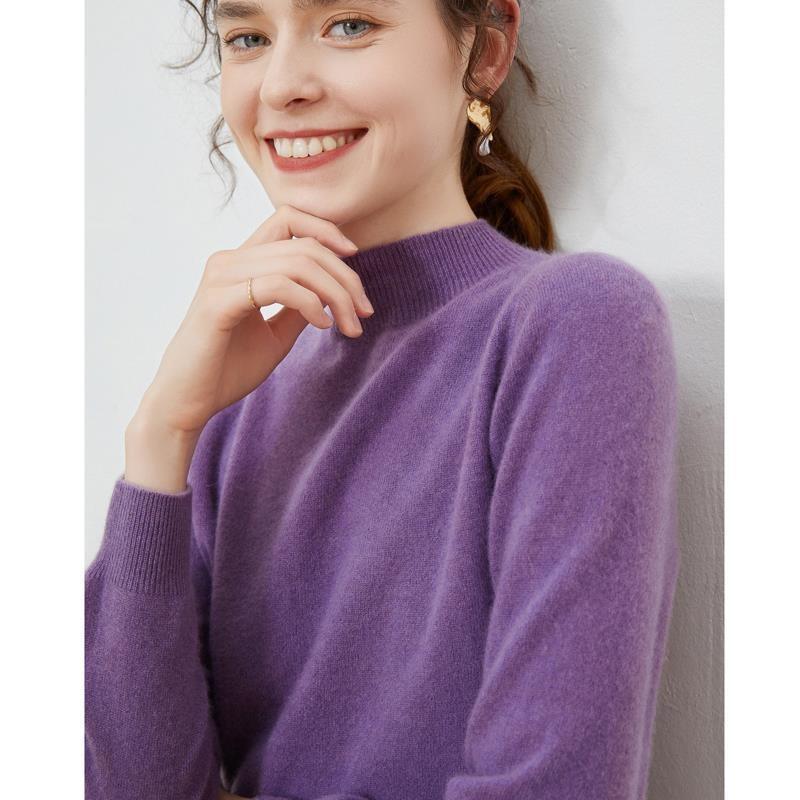 Осенне-зимний женский свитер с высоким воротником, свитер из 100% чистой шерсти, свободный тонкий свитер, однотонная нижняя рубашка с длинными рукавами