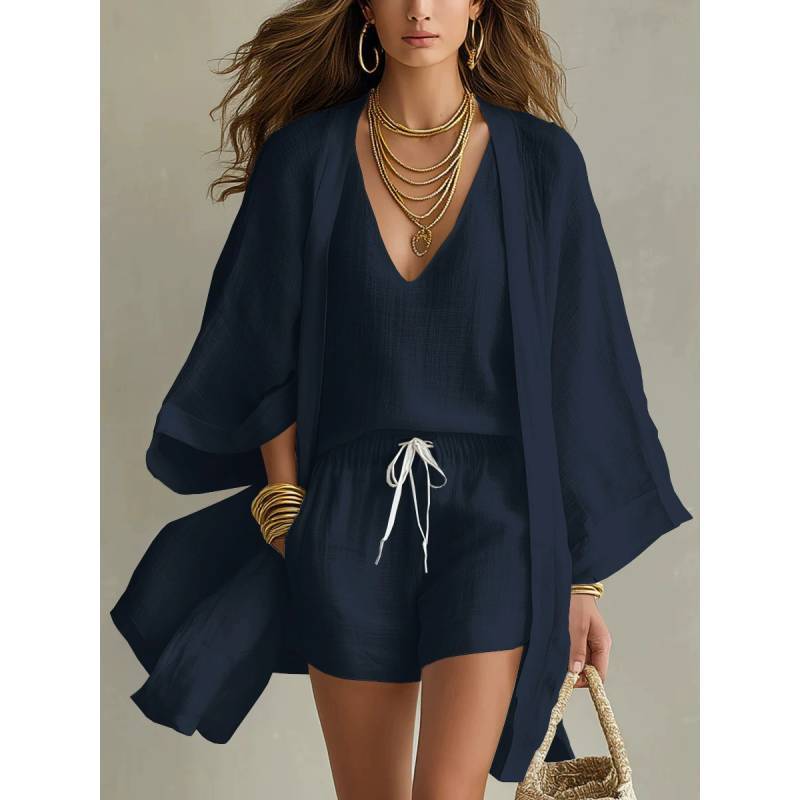 Summer Casual Set For Women With Sleeveless Cardigan And Shorts Made Of Cotton Linen For Relaxed Wear