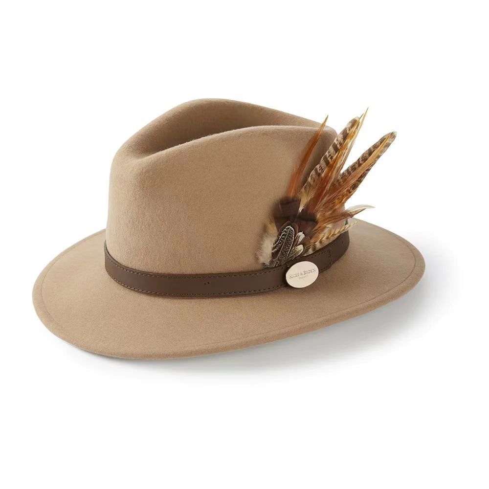 Solid Sheep Felt Hat Leather Trim Felt Hat Fashionable Wool Top Hat With Feathers