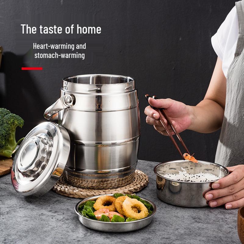 Double-Layer Stainless Steel Insulated Lunch Box – Drum-Shaped Bento for Students & Office Workers.