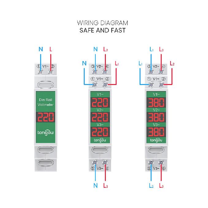 Mini Modular Din Rail Mount Three Phase Voltage Meter with LED Digital Display - Ac 60V-450V Gauge Indicator Detector by TONGOU