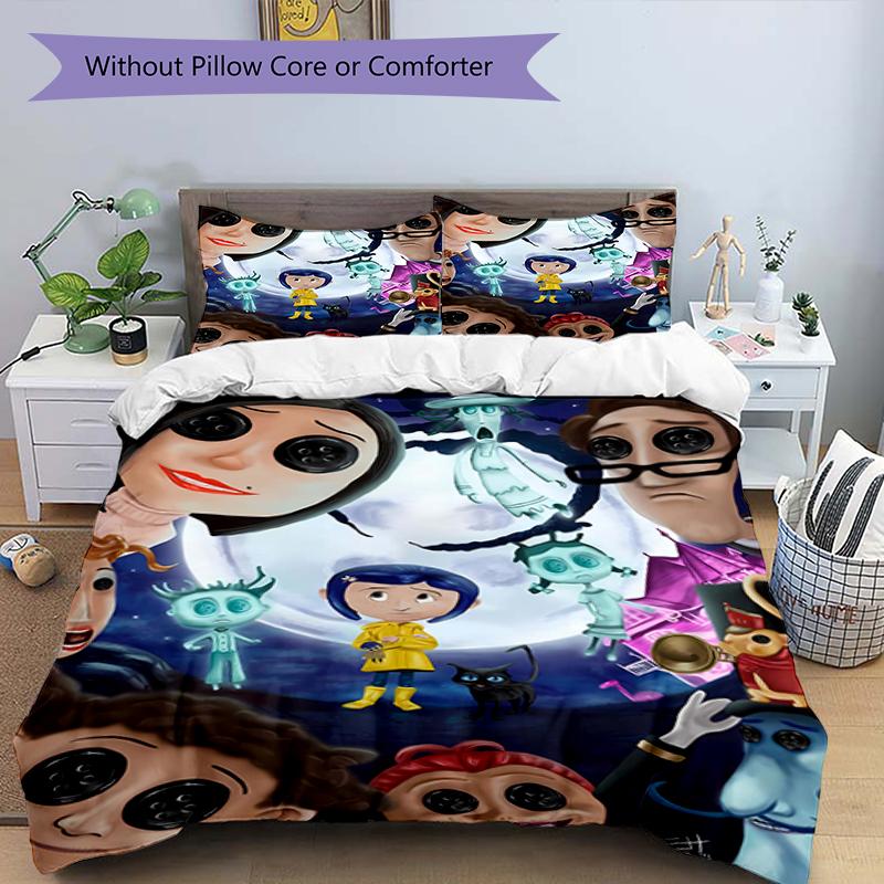 3pcs Coraline (2) Design Cover Set - HD Printed Bedding with 1 Cover and 2 Pillowcases - Perfect for Home and Dorm Decor