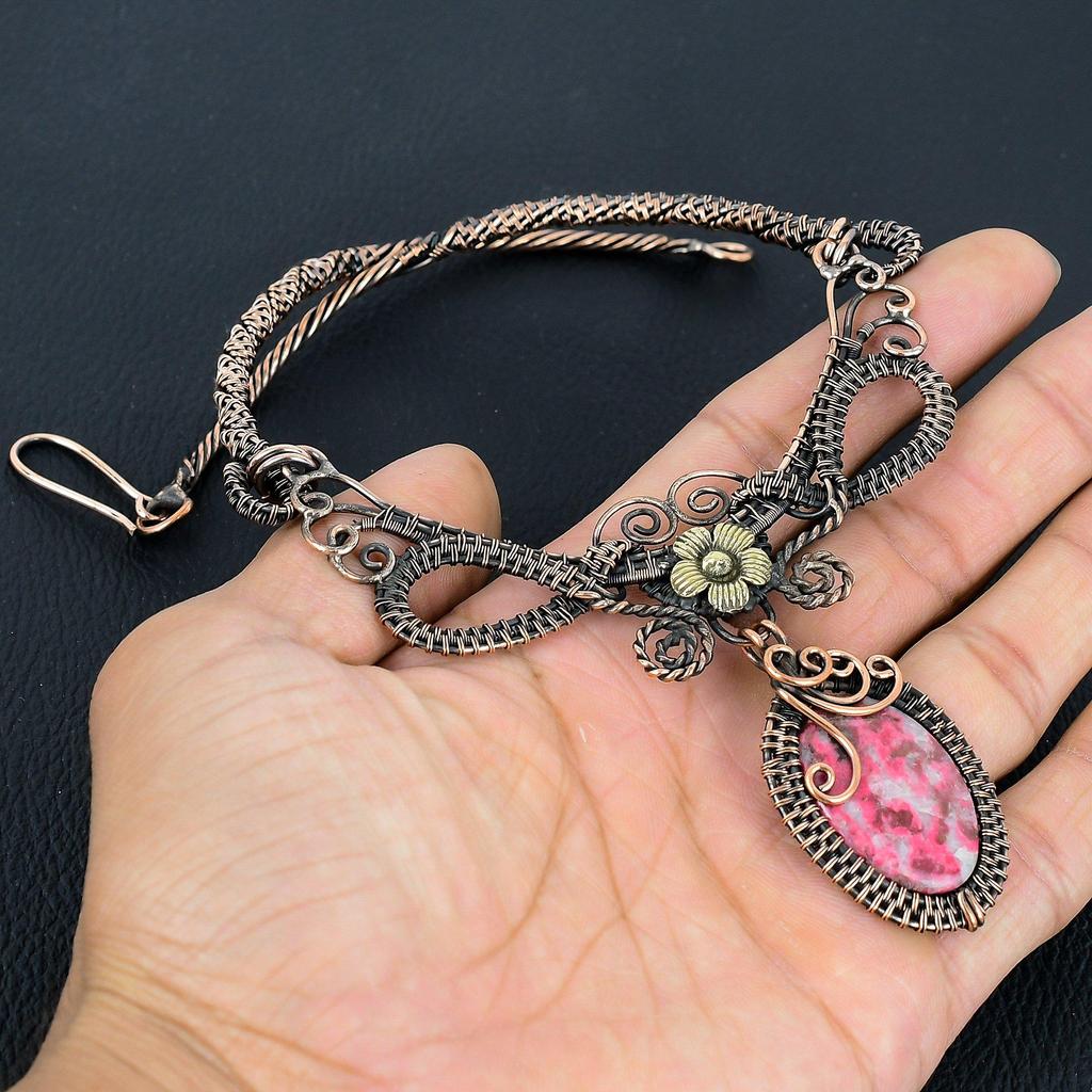 Розовый тулит ожерелье ручная работа, ожерелье, обернутое медной проволокой 999 пробы, дизайнерские украшения с драгоценными камнями, ожерелье с регулируемой цепочкой, подарок для мамы