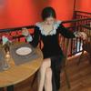 Women's Black Velvet Long-Sleeve Slit Dress - French Style with Lace, Spring/Autumn 2022.