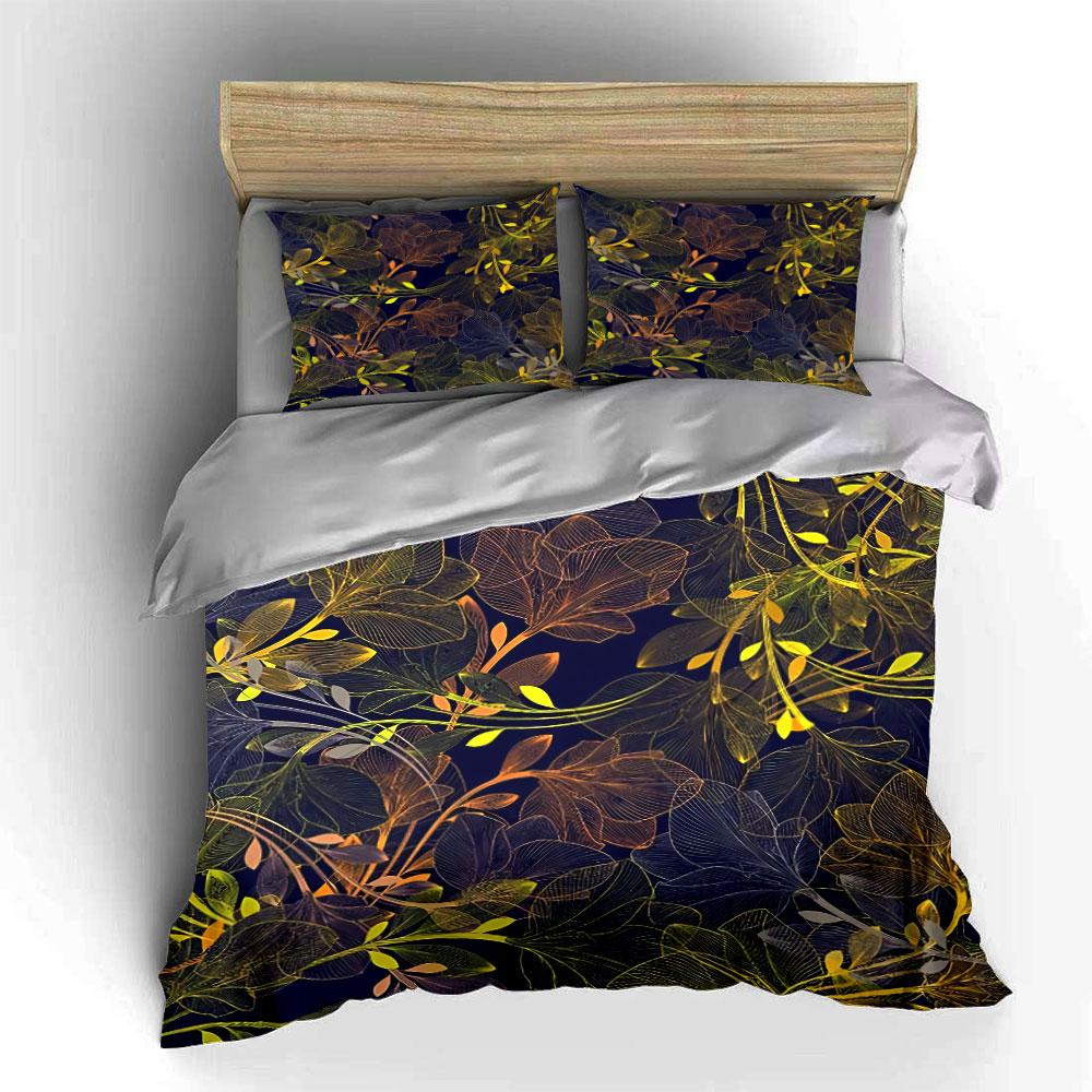 3Pcs Transparent Gold Leaf Vine Duvet Cover Set, Dark Navy Tropical Botanical Bedding Single Double King Queen, Gift