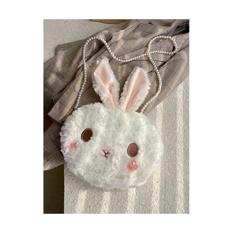 Cartoon Rosy Bunny Plush Shoulder Bag With Zipper Closure For Leisure Outings