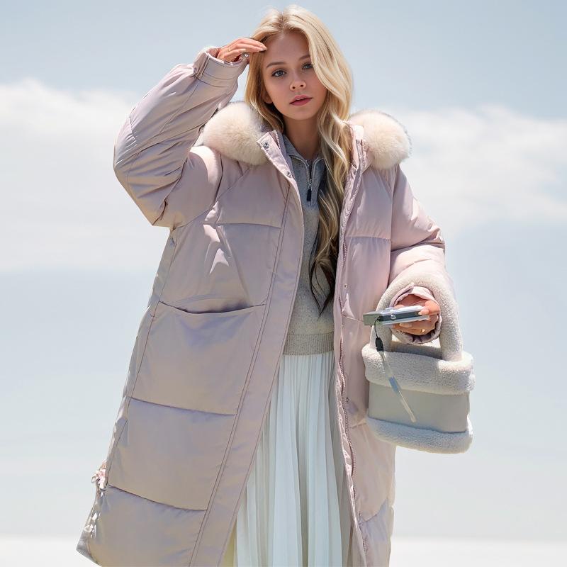 Женская стеганая куртка 2024 года, зимняя новая женская куртка из мехового воротника, утолщенная теплая хлопковая куртка, женская длинная куртка выше колена, пальто