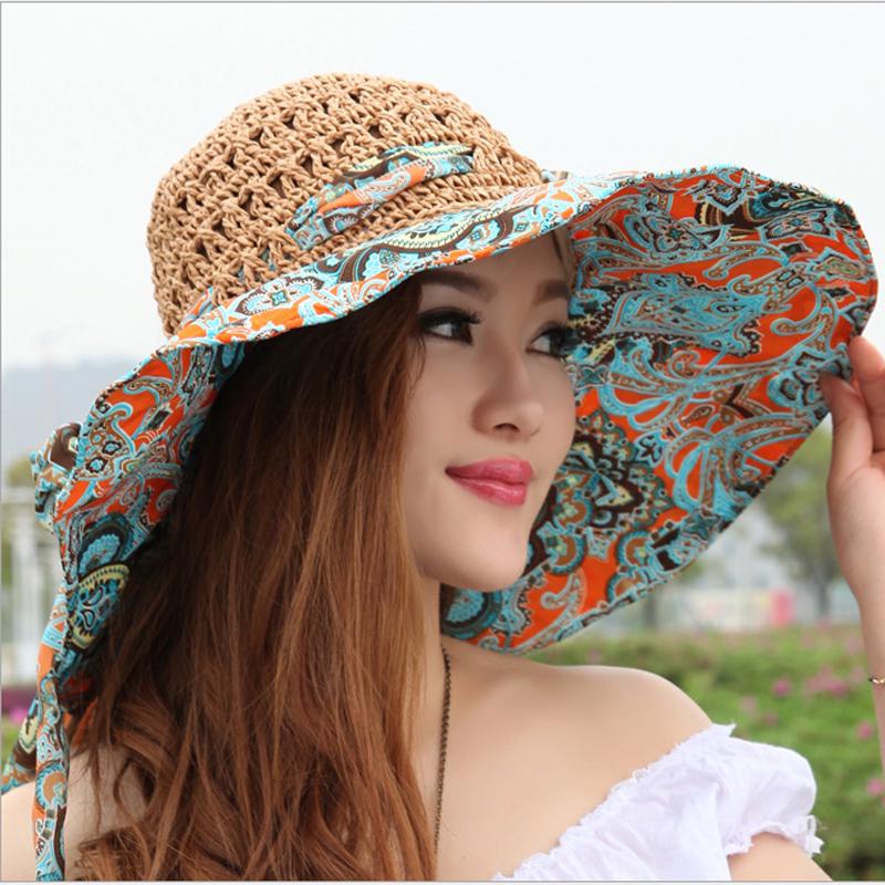 Fashion Sun Hat For Women Holiday Beach Straw Hat Female Hollow Printed Bow Summer Big Brim Hat Fold Uv Protection Floppy Hat