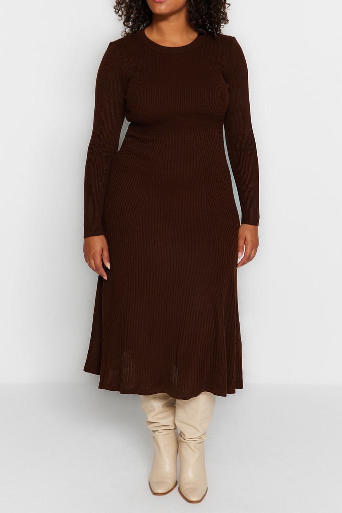 Women's Style Plus Size Brown Crew Neck Midi Knitwear Dress