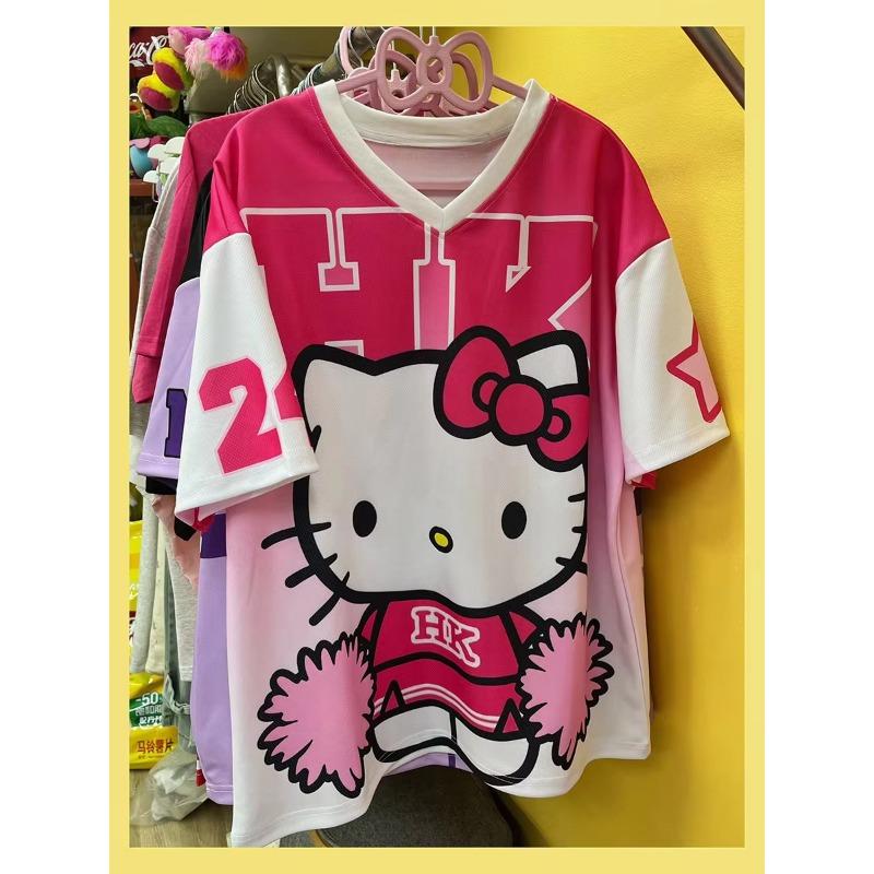 Hello Kitty Tshirt Fashion Sportswear Women Men V-neck Loose Lightweight Breathable Streetwear Cosplay Women Men Tops