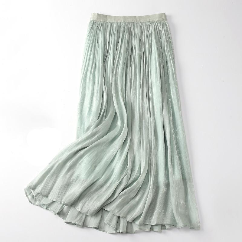 Qooth Women Gentle Solid Color Pleated Skirt Casual Elastic Waist Colorful A-line Skirt For Spring Summer QT2416