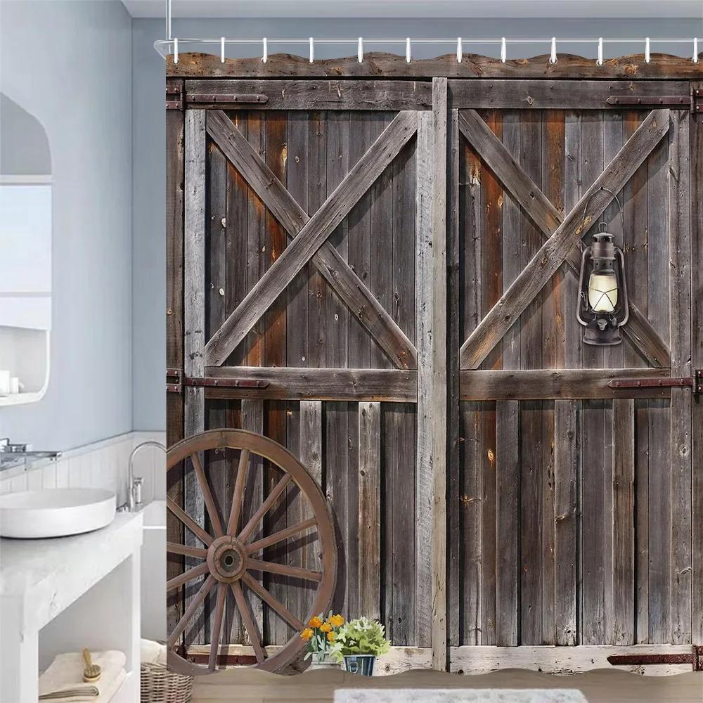 Занавески для душа в деревенском стиле с изображением деревянной двери, амбарное колесо, зеленое растение, серая доска, занавеска для ванной, полиэстеровая ткань, декор для ванной комнаты с крючками