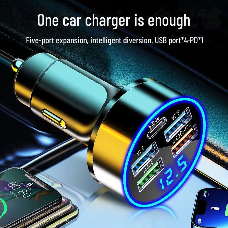 Fast Charging Car Charger with Multiple Ports, Digital Display, Flash Charging, and Convertor